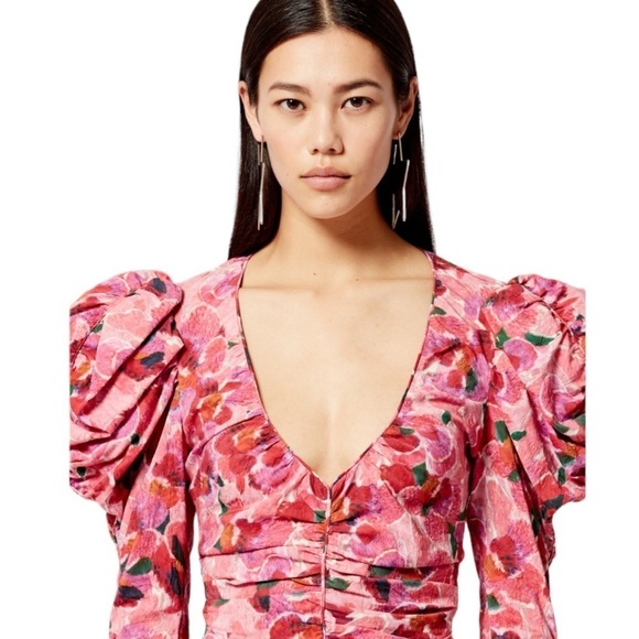 Isabel Marant $945 Floral Puff Sleeve Mirnao Ruched V Neck Top NWT Size 36 US 4 - Picture 2 of 11